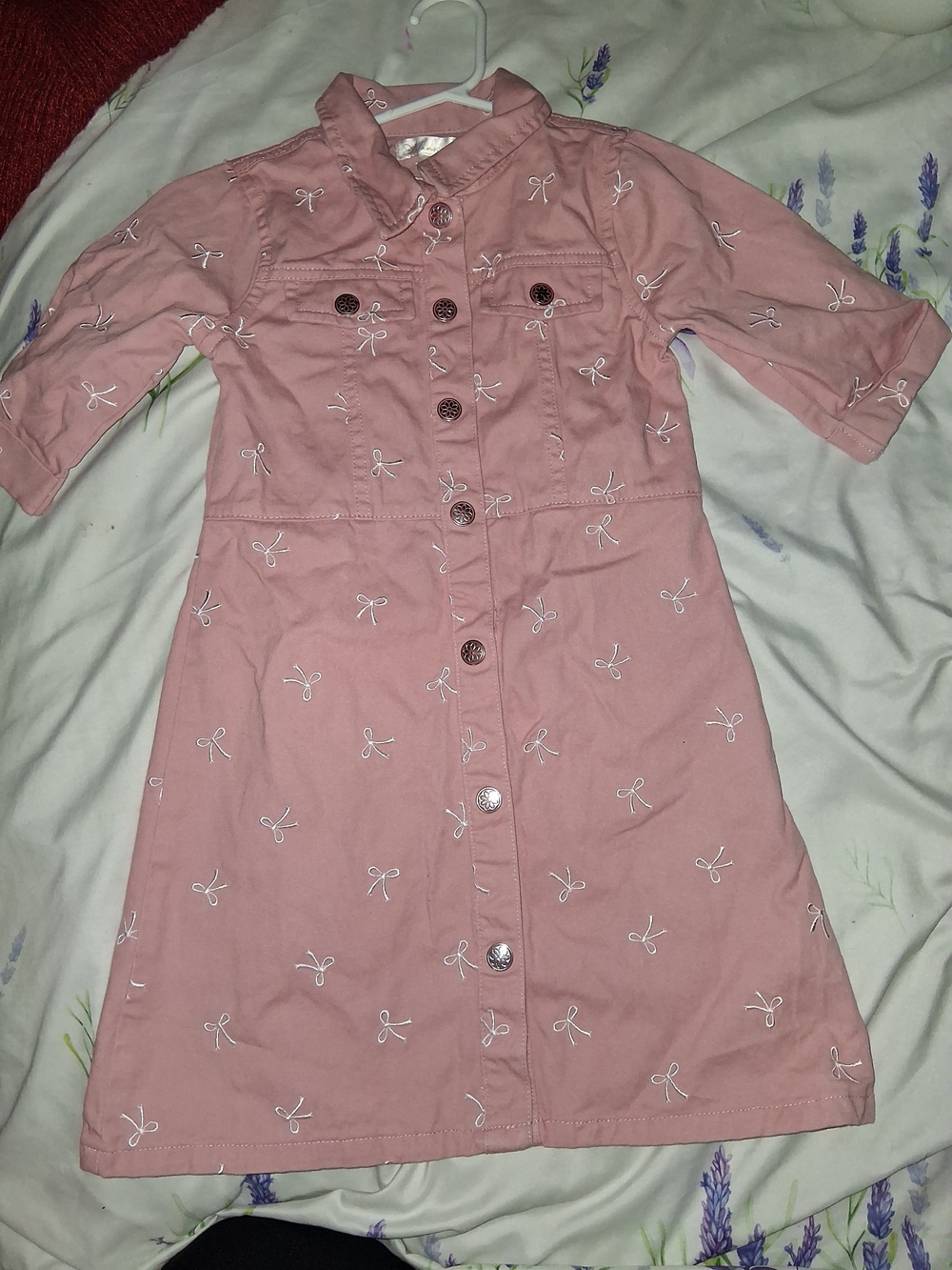 100% Cotton Pink Embroidered Bow-Print Casual Shirt Dress for Kids